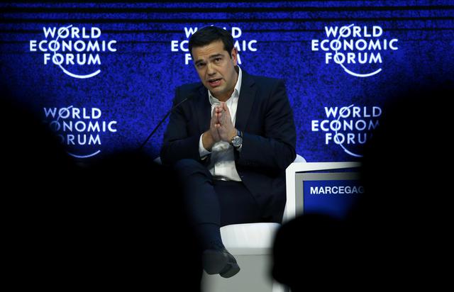 Greek Prime Minister Alexis Tsipras gestures during the session 'The Future of Europe' at the annual meeting of the World Economic Forum (WEF) in Davos, Switzerland January 21, 2016. REUTERS/Ruben Sprich